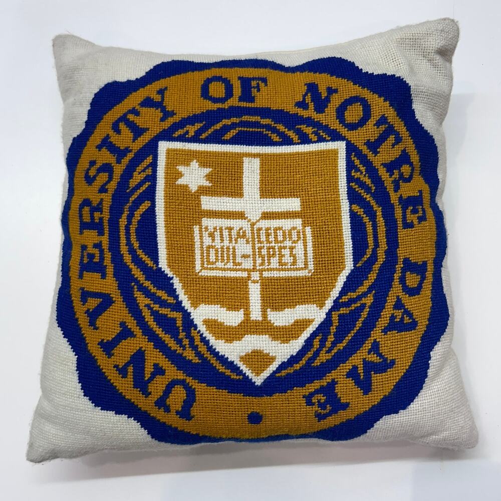 Vintage Notre Dame Needlepoint Throw Pillow White Blue Gold 14" x 14"